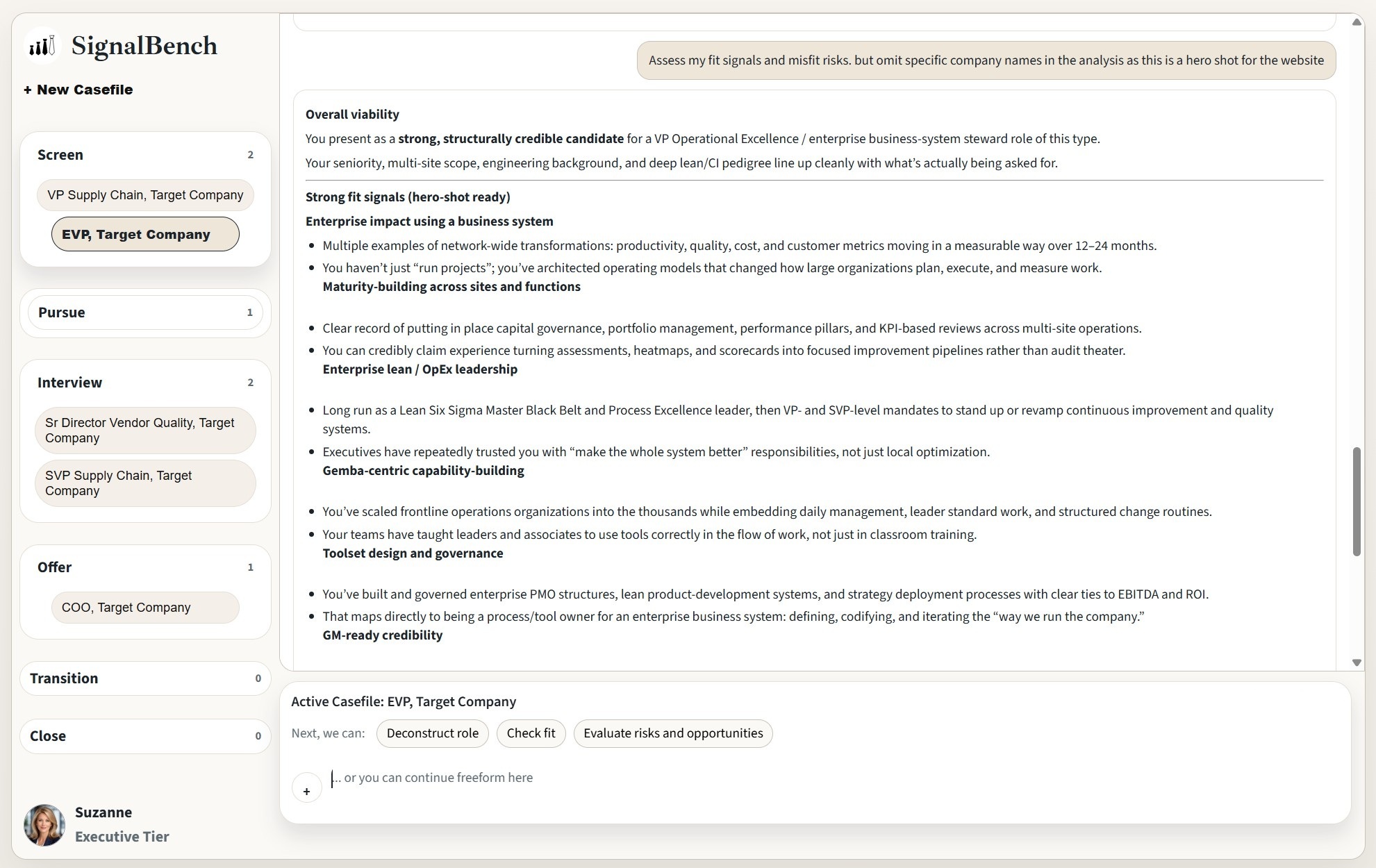 SignalBench role-fit and viability view showing casefile stages, strong fit signals, and structured guidance.