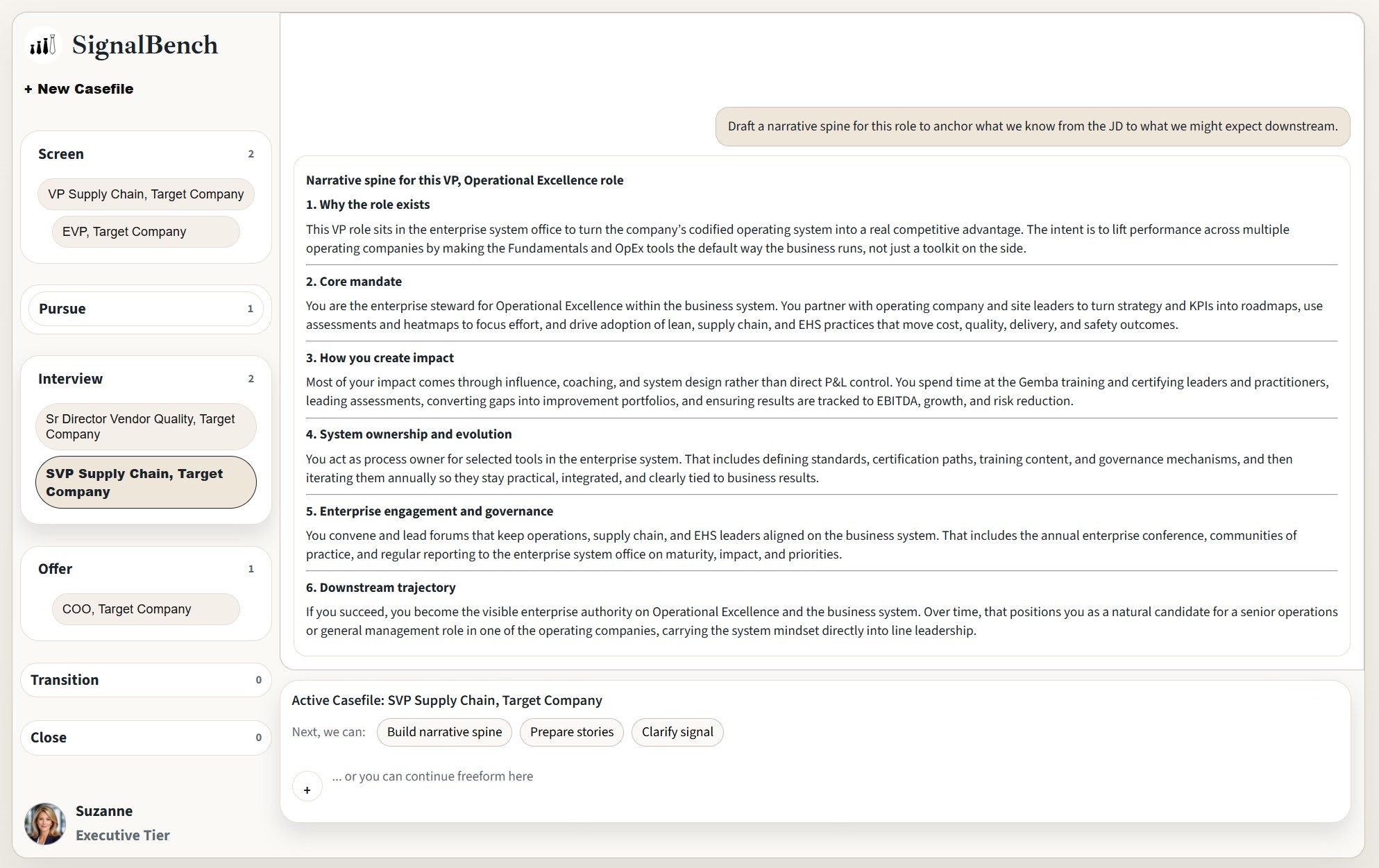 SignalBench narrative spine view connecting role context to downstream interview and decision preparation.