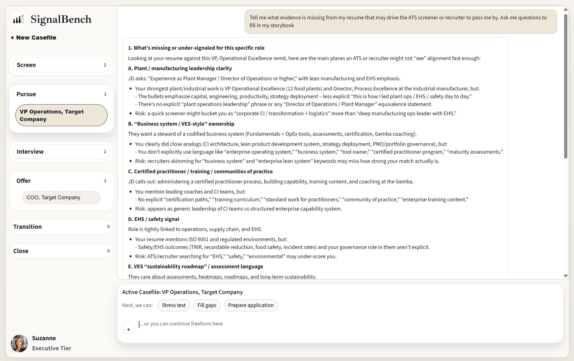 SignalBench showing missing or under-signaled resume evidence for a target role.